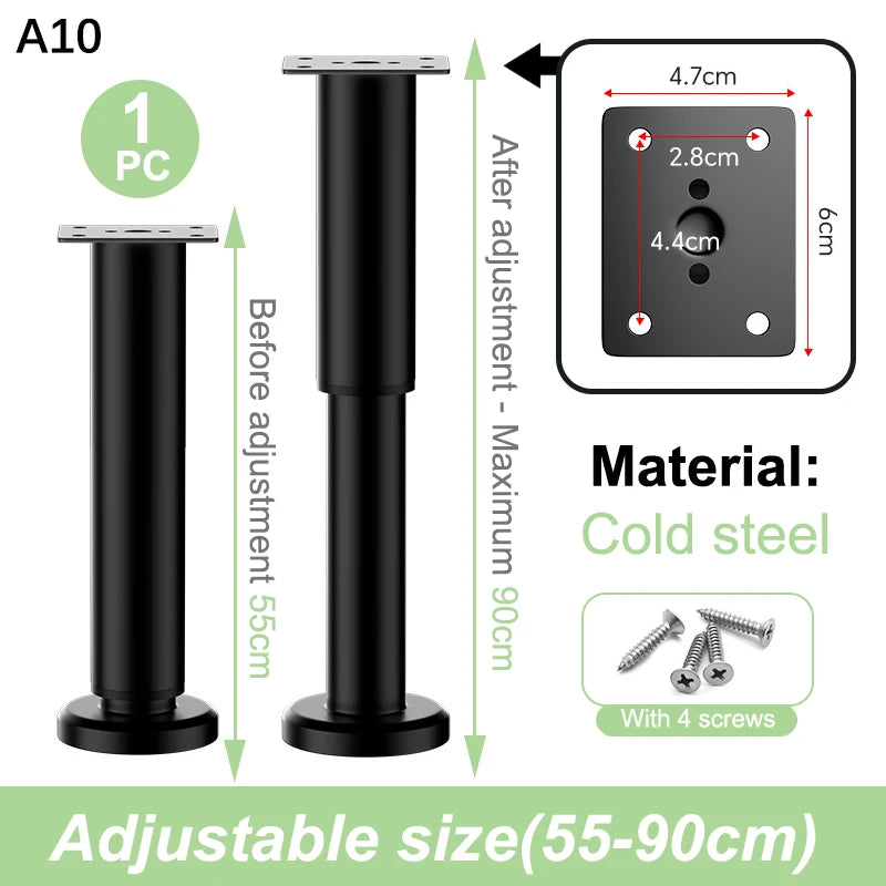 A set of adjustable cold steel furniture support legs in black, showing before and after adjustment options.