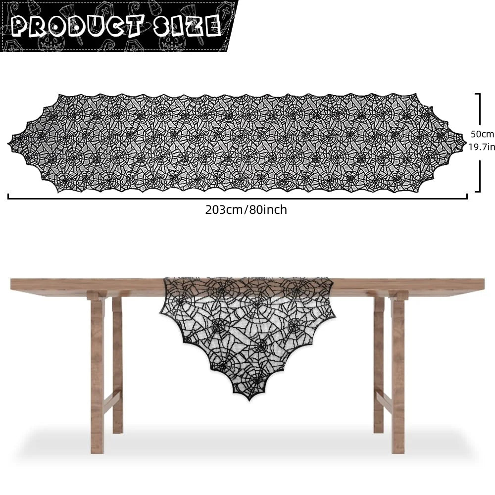 Black lace spider web table runner displayed on a wooden table.