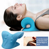 A woman is using a blue cervical massage pillow for neck and shoulder relief, with a close-up showing its application on the 