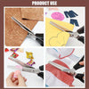 A set of serrated edge stainless steel fabric scissors is shown cutting various materials like paper, lace, and fabric.