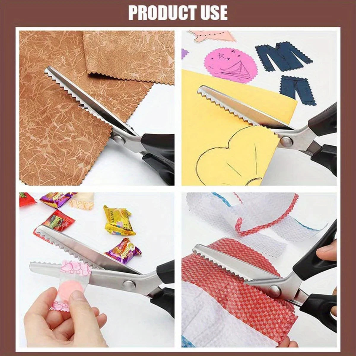 A set of serrated edge stainless steel fabric scissors is shown cutting various materials like paper, lace, and fabric.