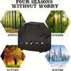 A black heavy-duty grill cover is shown surrounded by four seasonal forest scenes: spring, summer, autumn, and winter.