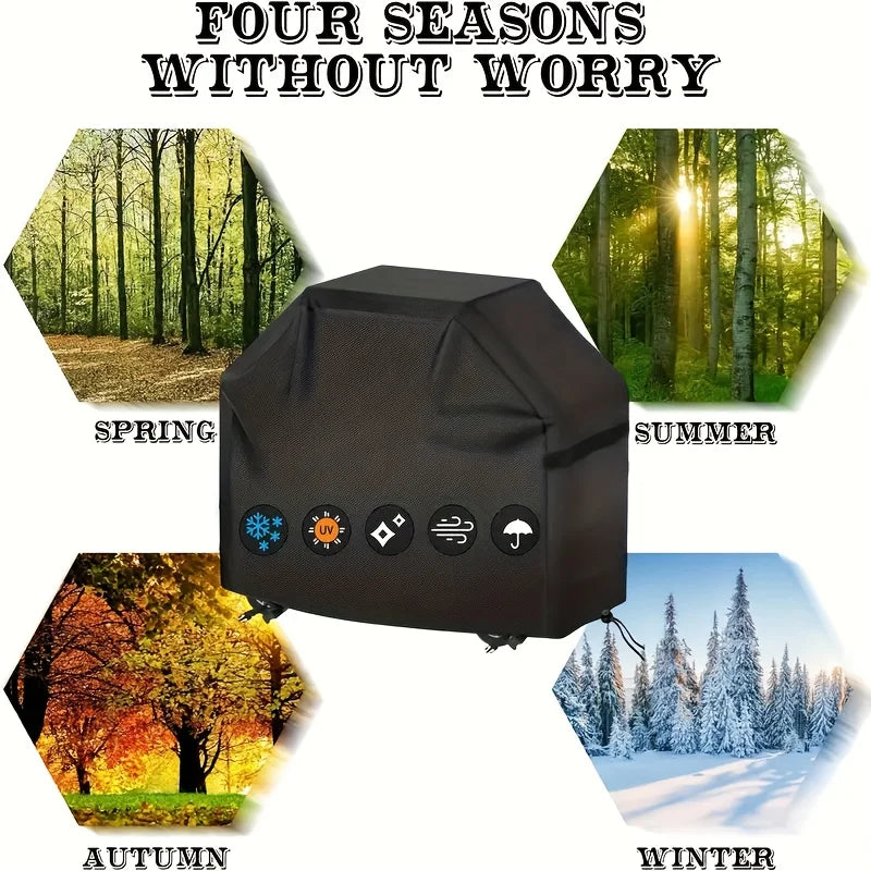 A black heavy-duty grill cover is shown surrounded by four seasonal forest scenes: spring, summer, autumn, and winter.