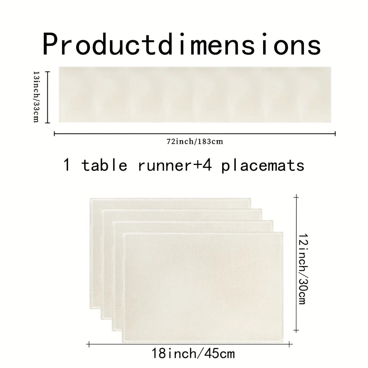 A set of one table runner and four placemats in a light cream color, showing product dimensions.