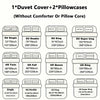 A collection of duvet covers and pillowcases in various sizes including single, double, king, and super king options.