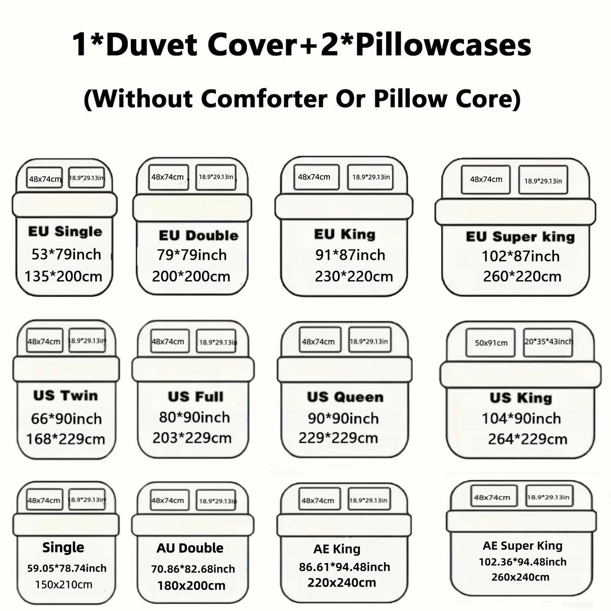 A collection of duvet covers and pillowcases in various sizes including single, double, king, and super king options.