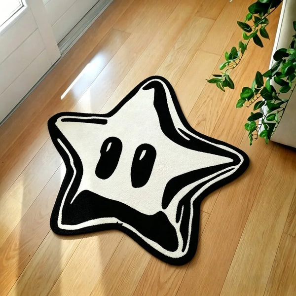 A black pentagram rug with a white background is placed on a light wooden floor.