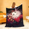 A dark purple and black soft throw blanket featuring an anime-style character with white hair and red clothing.