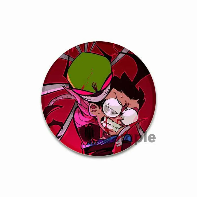 An enamel pin featuring a stylized, angry face with green hair and sharp features.