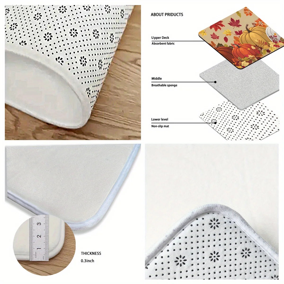 A set of decorative maple leaf area rug components including an upper deck, middle breathable sponge, and non-slip lower leve