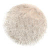 A round rug made of light gray faux fur sheepskin with a plush texture.