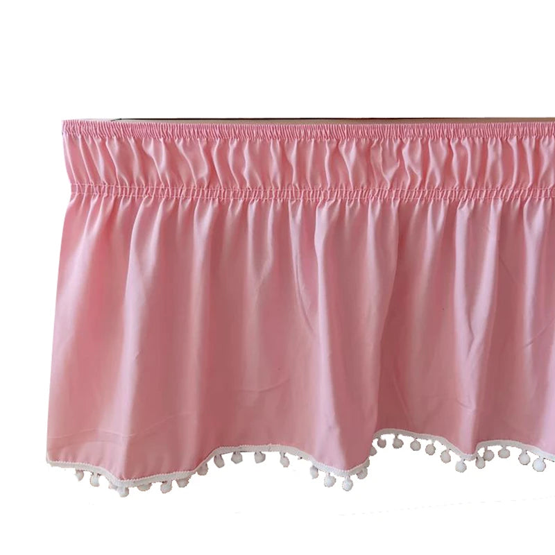 Pink elegant elastic bed skirt with gathered fabric and white trim