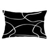 A black pillow cover with white, abstract, wavy lines.