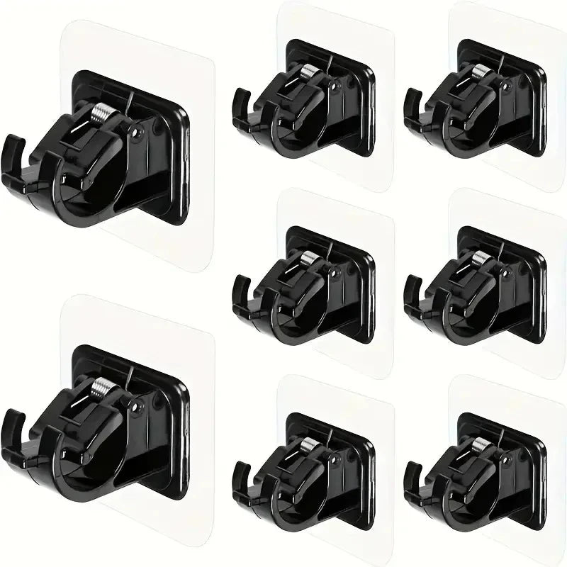Black no drill adhesive curtain rod brackets shown in multiple angles