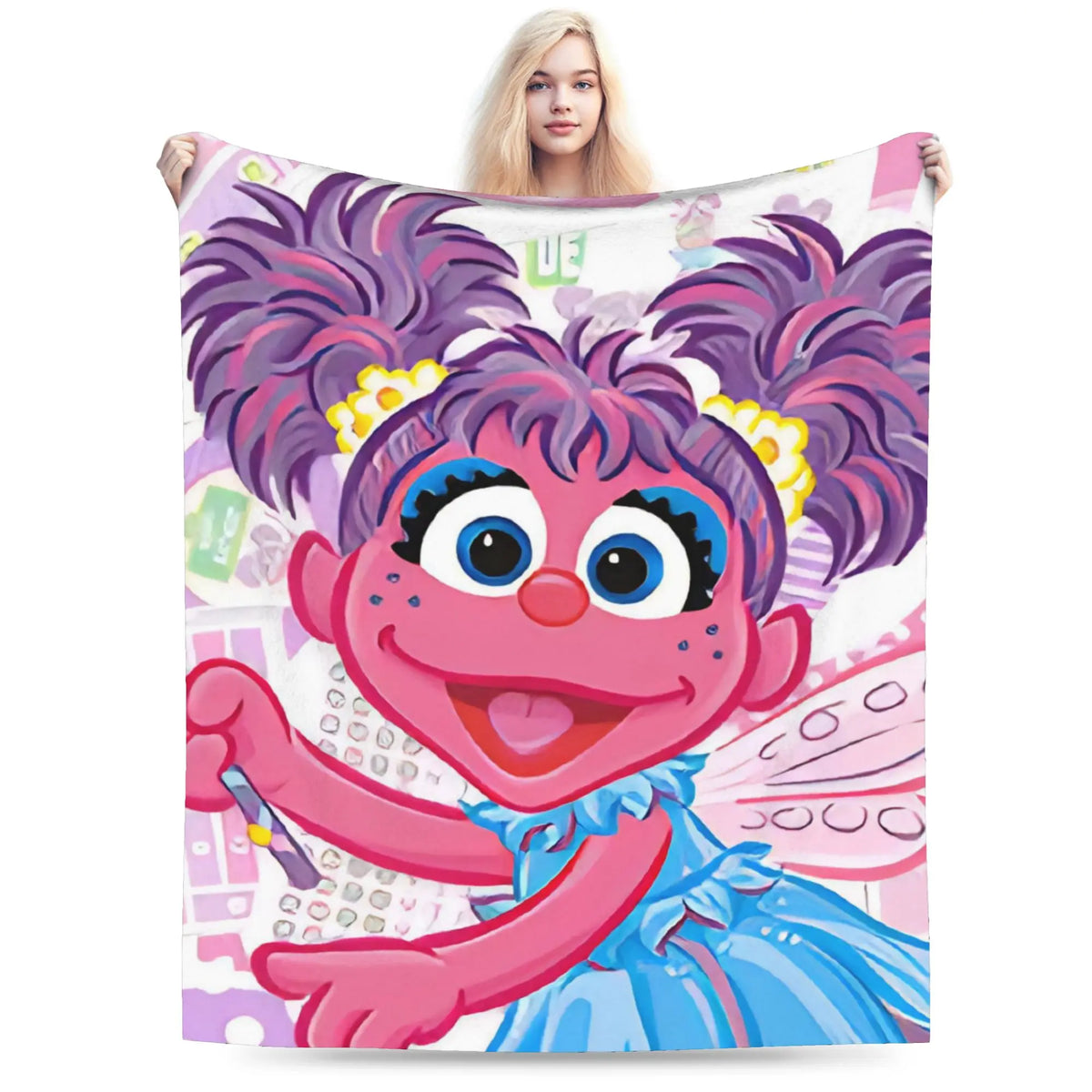 A plush blanket featuring a cartoon illustration of Elmo and Friends characters.