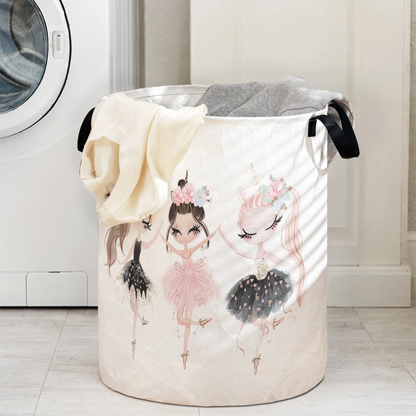 A light pink foldable unicorn storage basket with gray fabric and black trim.