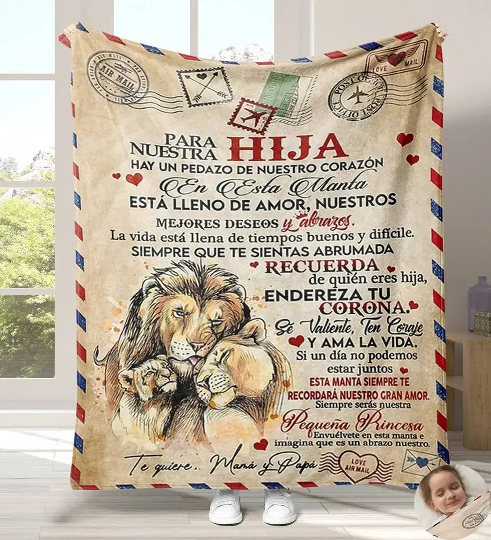 A cozy flannel throw blanket featuring a design for a daughter with a lion and crown motif.