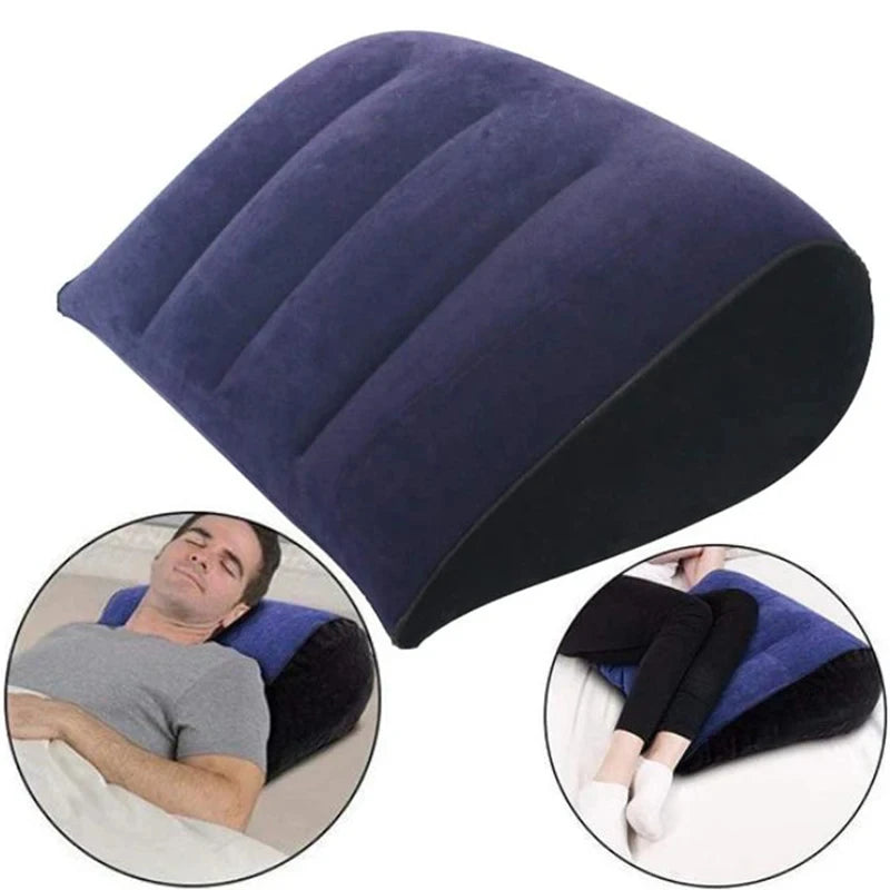 A dark blue inflatable body support pillow shown in various angles, including a person using it for support.