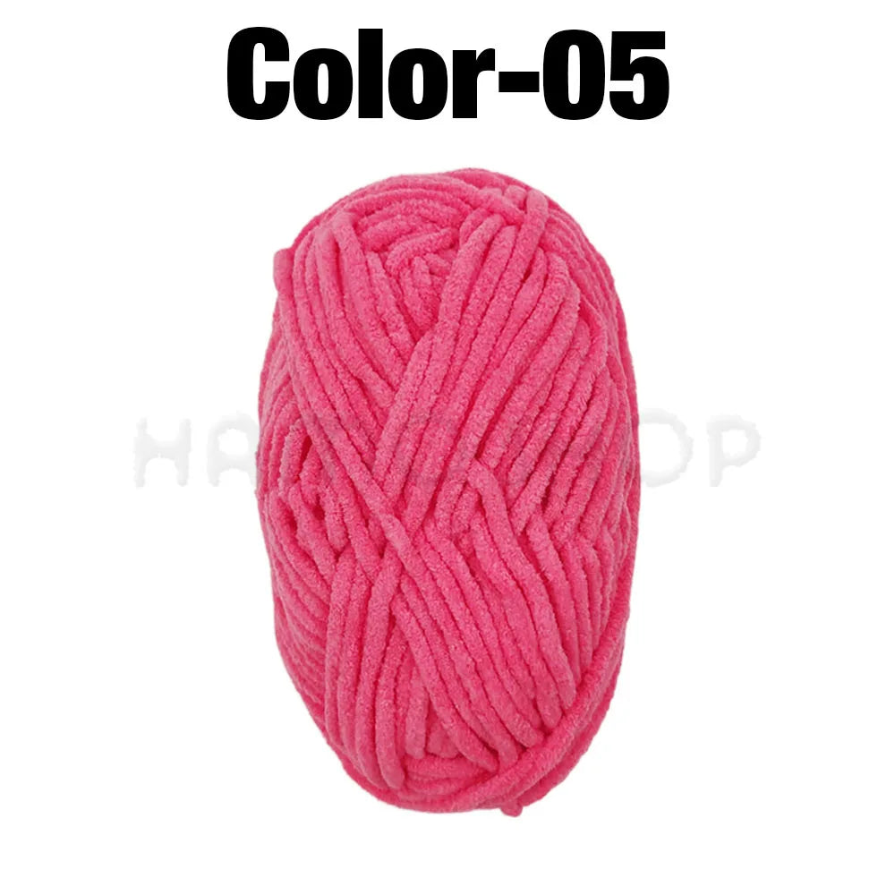 A ball of bright pink soft velvet chenille yarn labeled Color-05 for crafting.