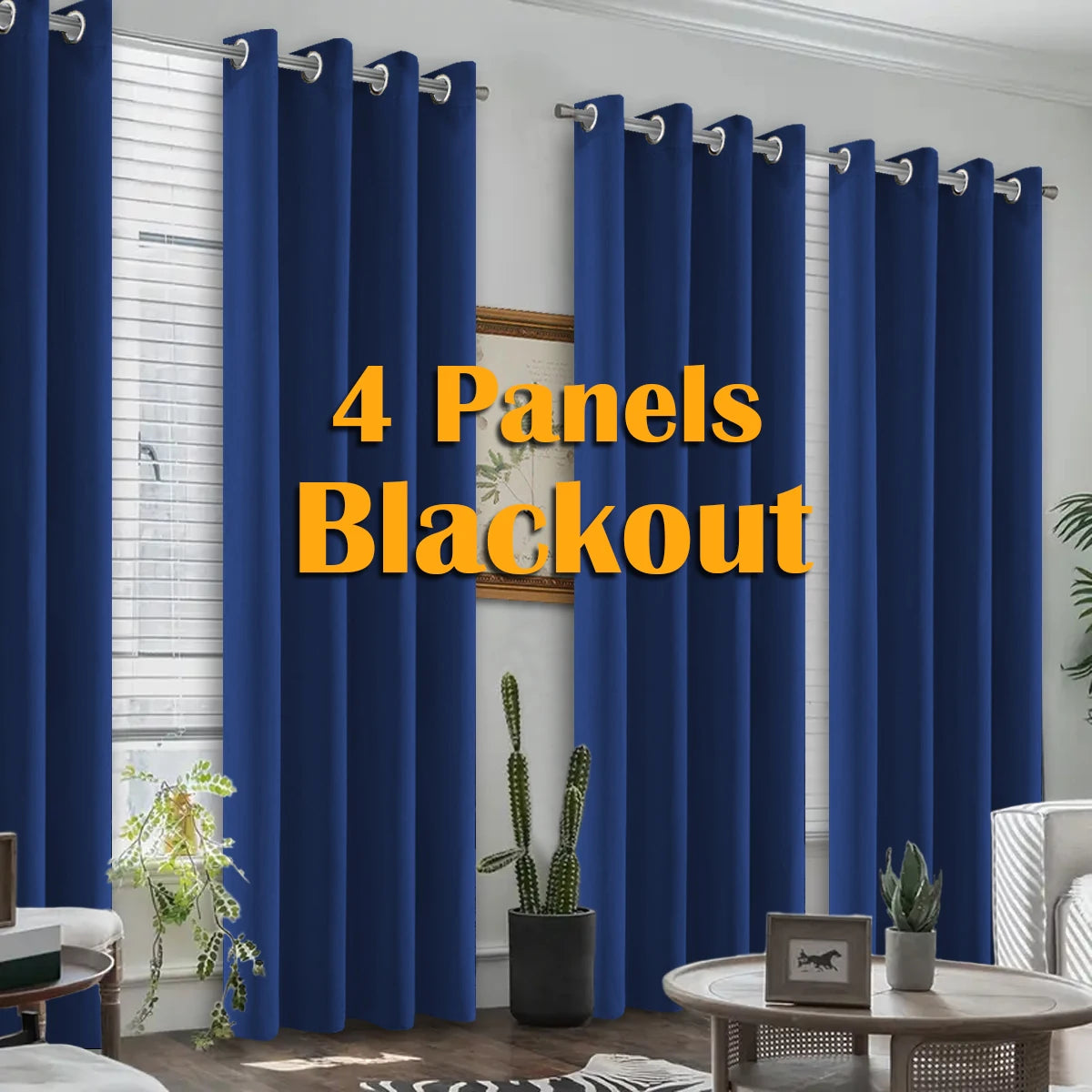 Four panels of dark blue blackout curtains hanging in a window frame.