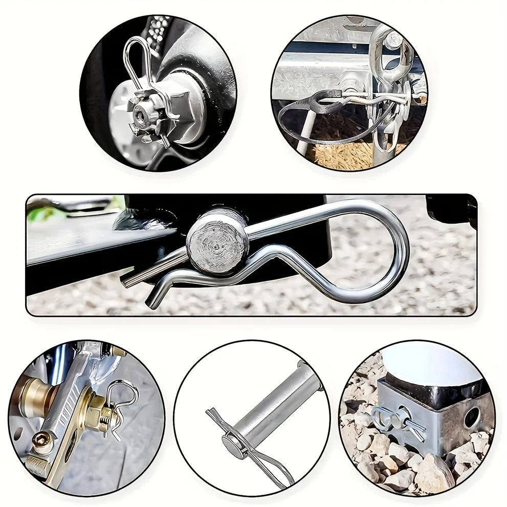 Assortment of galvanized steel cotter pins and R-clips used for securing and joining materials.