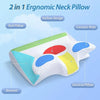 A white ergonomic neck pillow with colorful contours and a roll pillow design shown against a light blue background.