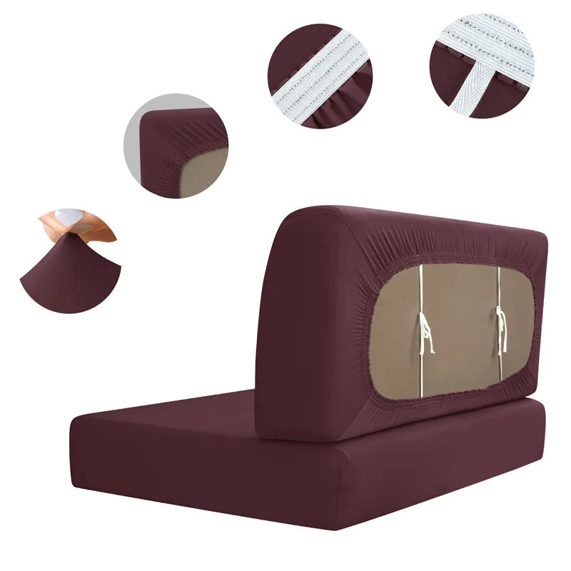 A maroon stretch RV dinette seat cover shown with close-ups of the fabric texture and installation details.