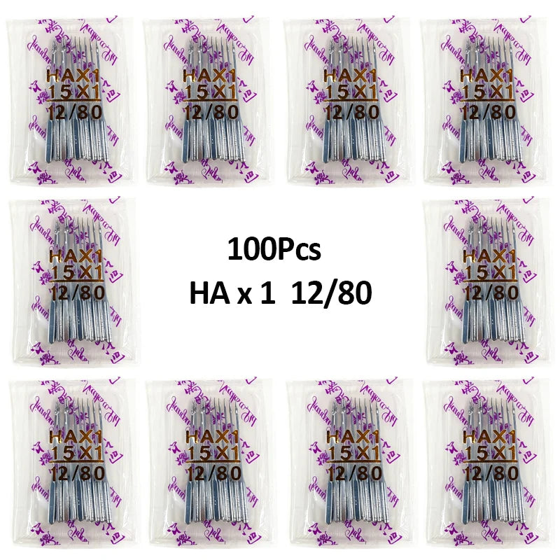 A set of 100 high-strength sewing machine needles, packaged in individual plastic pouches.