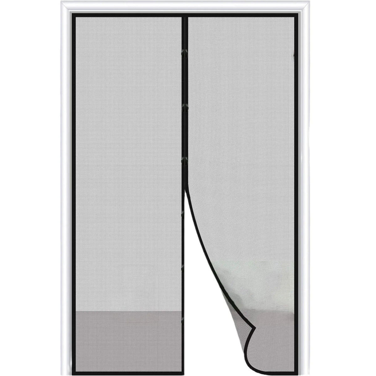 A magnetic screen door curtain in gray fabric shown in a vertical panel.