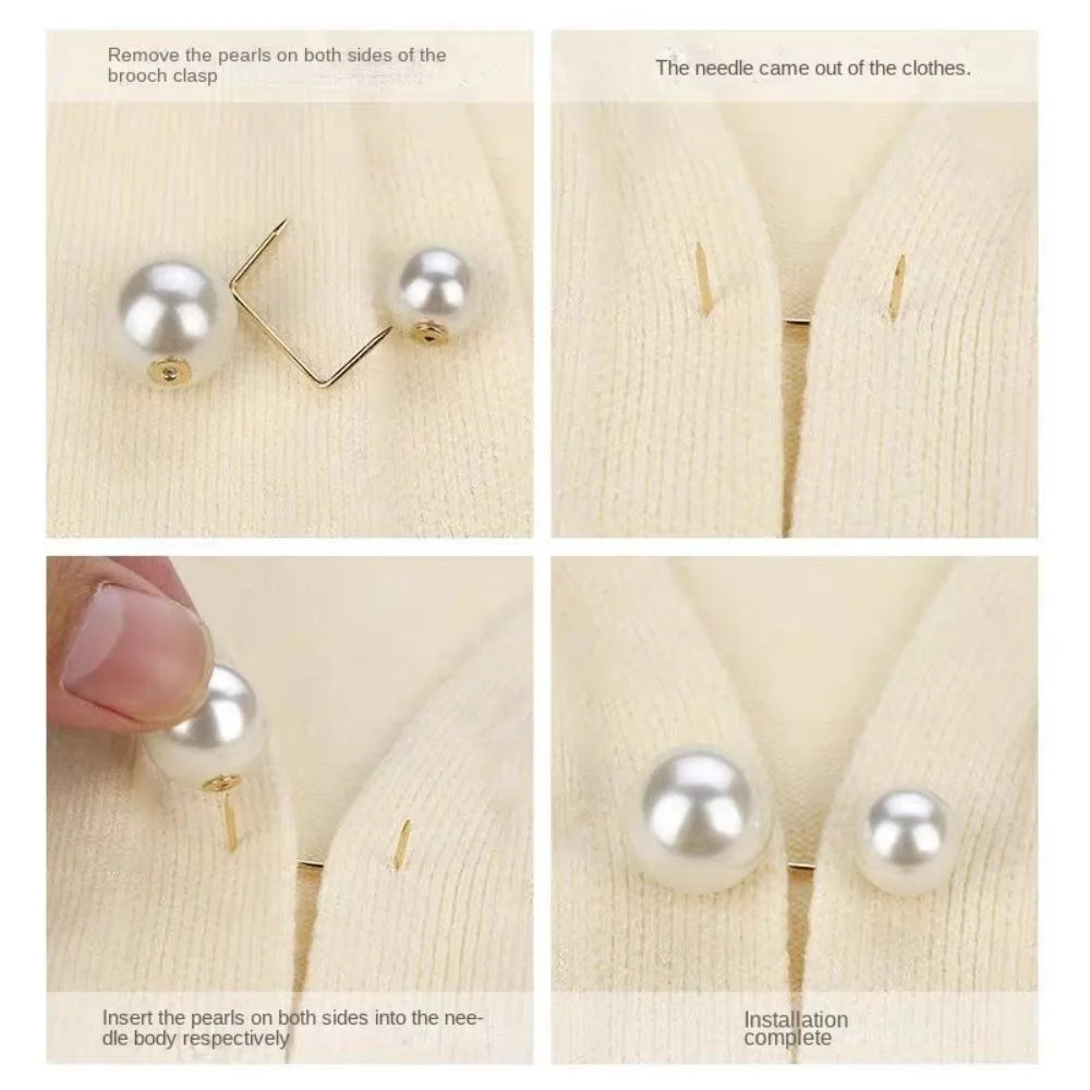 Instructions for assembling a pearl brooch clasp and inserting pearls into clothing.