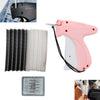 A pink micro stitching gun with a black needle and a white plastic body, shown alongside its components.
