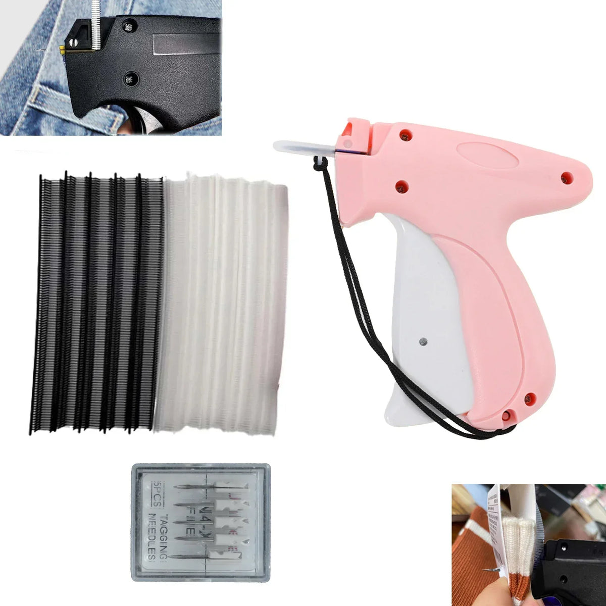 A pink micro stitching gun with a black needle and a white plastic body, shown alongside its components.