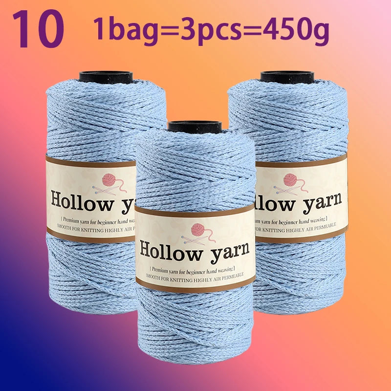 Three spools of Hollow yarn, 1 bag equals 3 pieces, totaling 450g for knitting and crochet.
