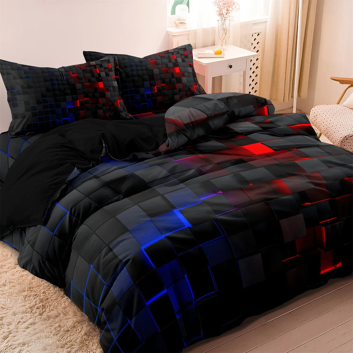 Black and blue geometric grid plaid duvet cover set displayed on a bed.
