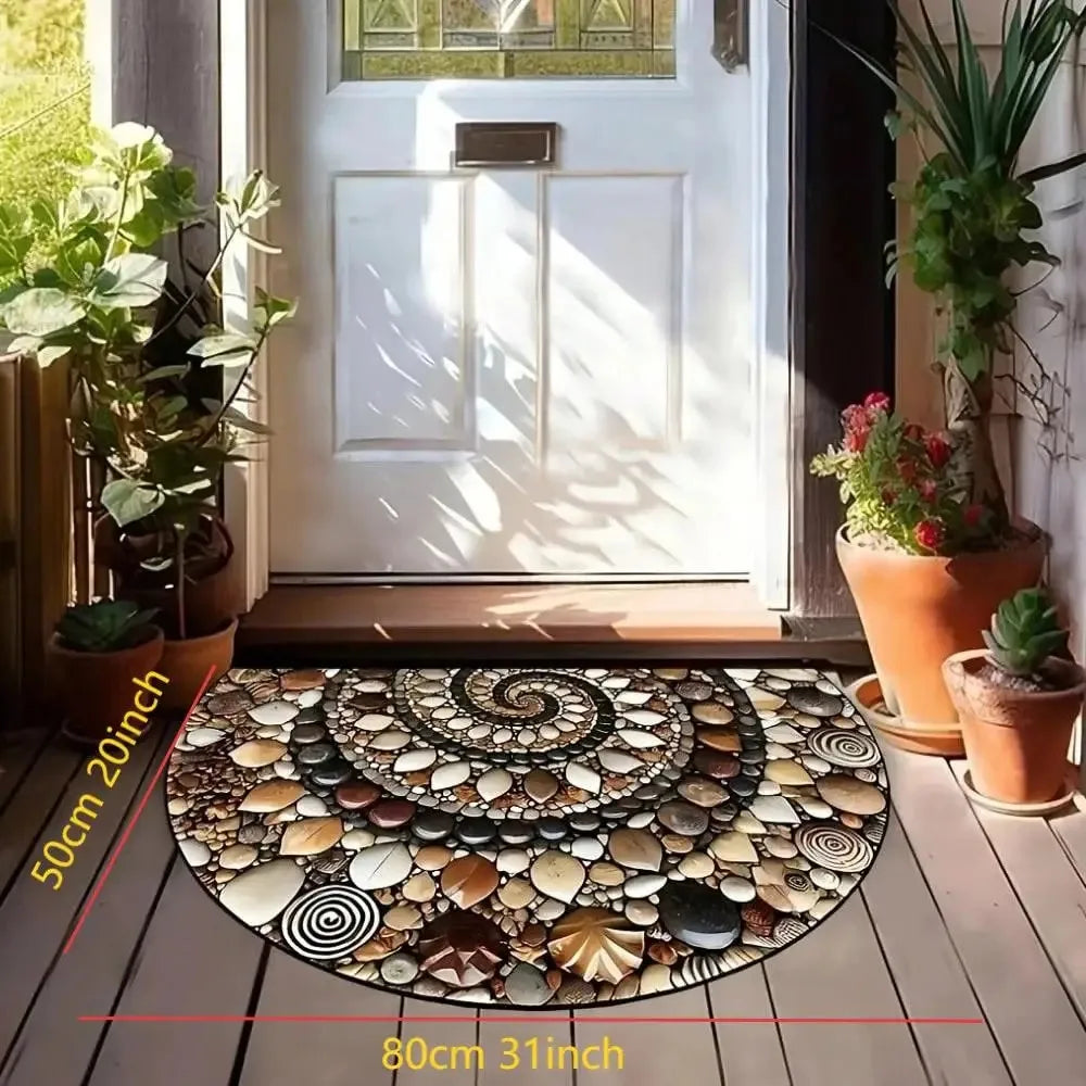 A circular doormat made of various natural stones and shells placed on a wooden floor.