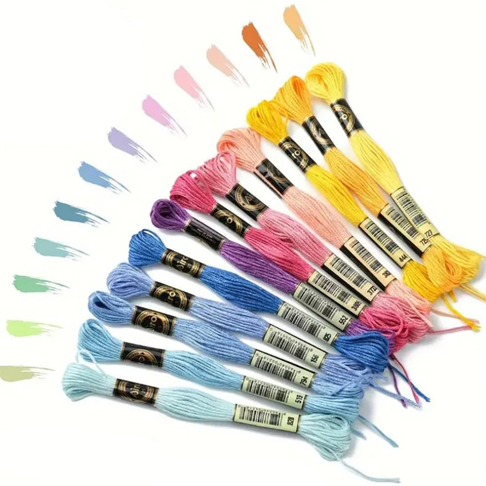 A collection of 12 pack rainbow gradient embroidery floss threads in various colors and shades.