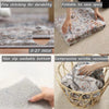 A collection of decorative floor mats showing fine stitching, foldability, washable bottoms, and wrinkle resistance.