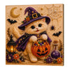 A diamond painting featuring a fluffy orange cat wearing a purple witch hat and cloak surrounded by round gems and Halloween 