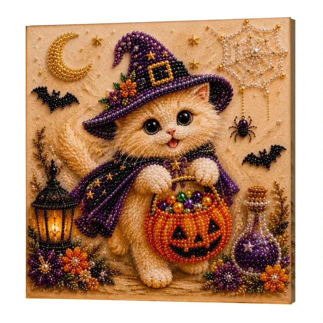 A diamond painting featuring a fluffy orange cat wearing a purple witch hat and cloak surrounded by round gems and Halloween 