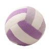 A plush volleyball ball with white and purple stripes.