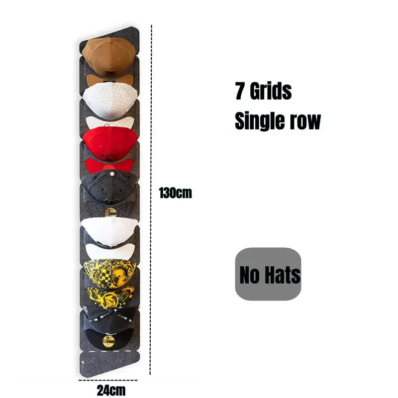 A felt hat storage rack showing seven grids with a single row for hanging hats, measuring 130cm long and 24cm wide.