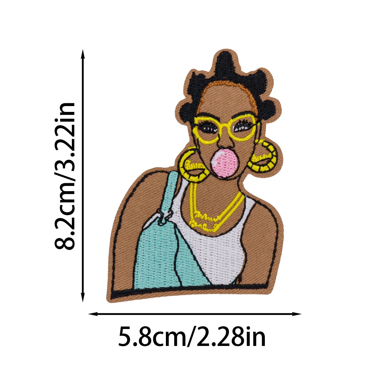An embroidered patch of a woman with curly hair wearing yellow glasses and a pink lollipop.