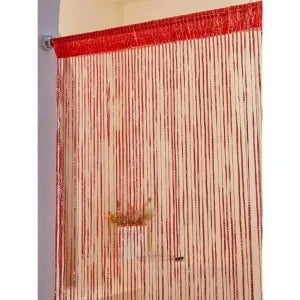 Red and cream decorative door string curtains hanging vertically