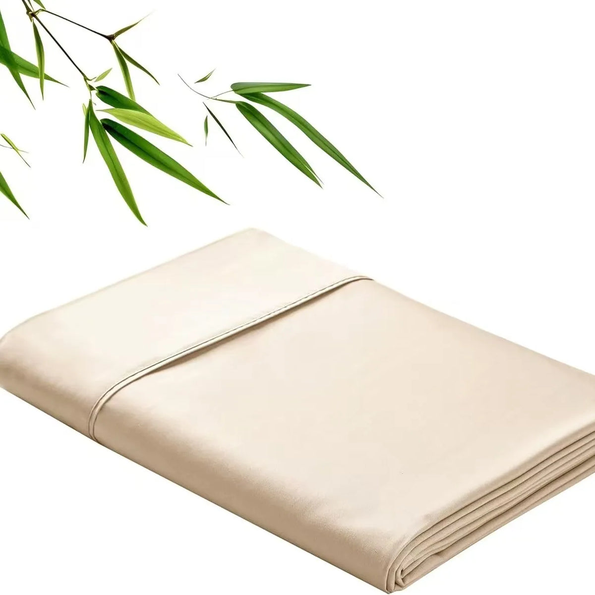 A beige bamboo fiber flat bed sheet folded neatly with green leaves in the background.