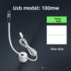A white USB laser positioning light with a green LED indicator and cable is shown against a dark background.