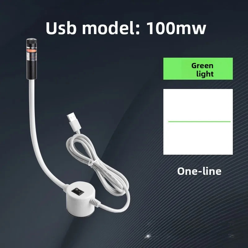 A white USB laser positioning light with a green LED indicator and cable is shown against a dark background.