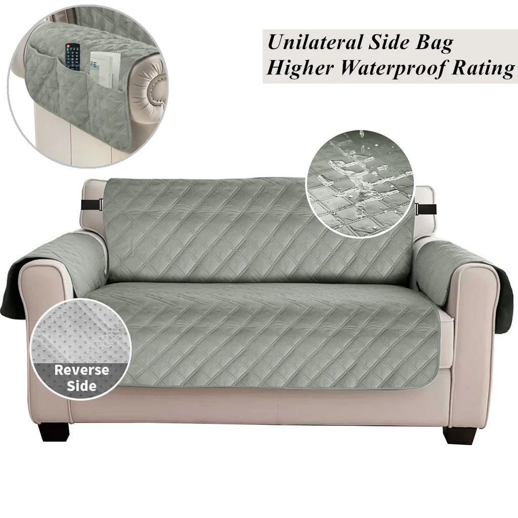 Gray sofa slipcover with a unilateral side bag and quilted texture shown from the front and side.