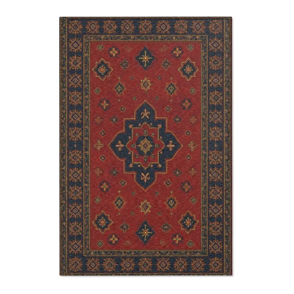 A rectangular area rug with a deep red field and intricate blue and gold geometric patterns.
