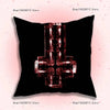 A black throw pillow cover featuring a distressed red gothic cyber sigil design.
