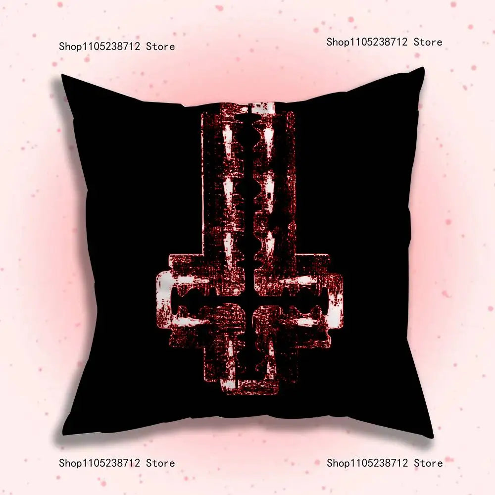 A black throw pillow cover featuring a distressed red gothic cyber sigil design.